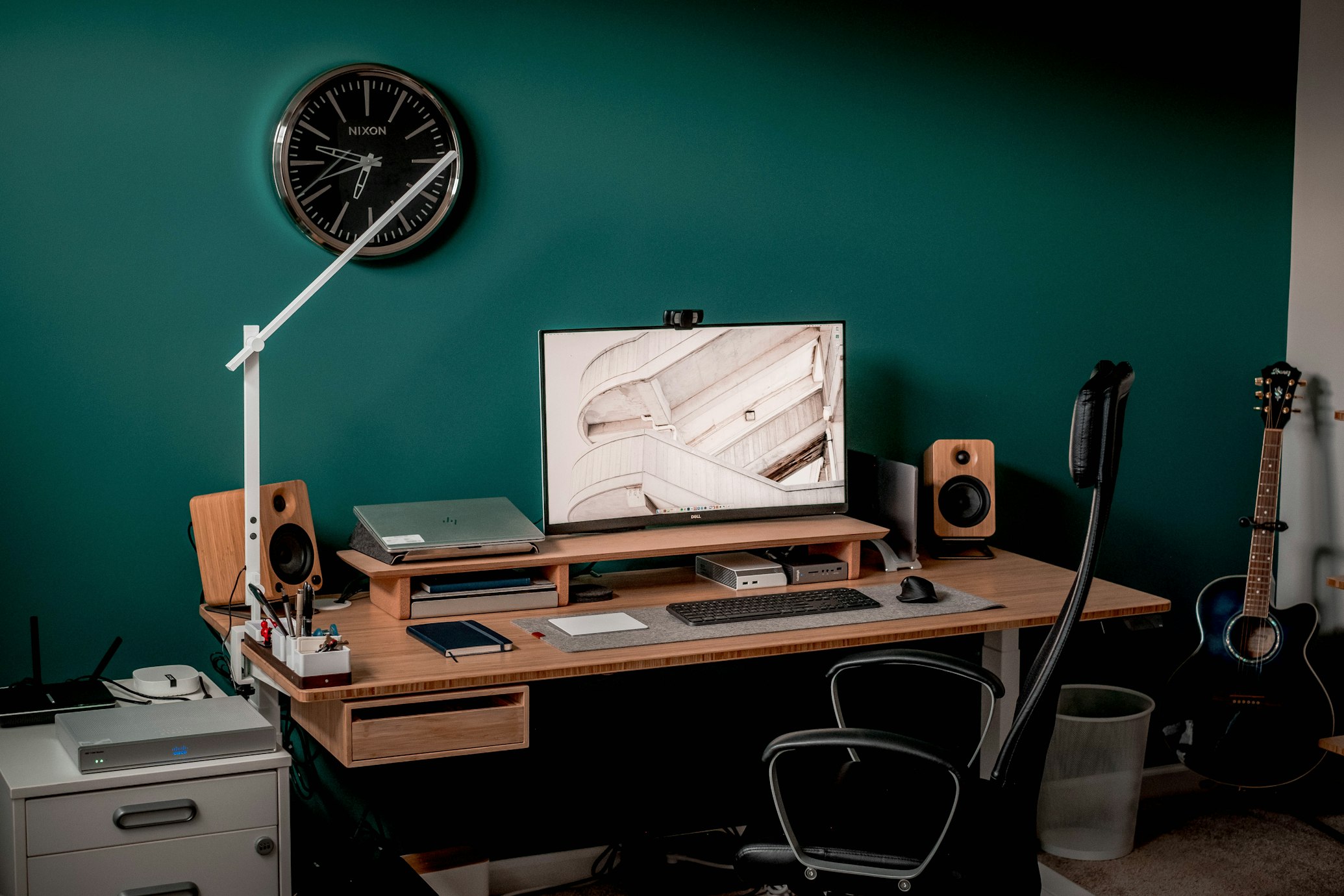 Ergonomic chair and height-adjustable desk setup